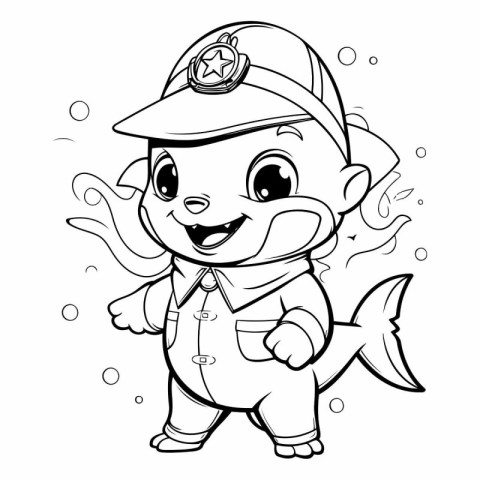 Black and White Cartoon Illustration of Cute Little Fish Pirate