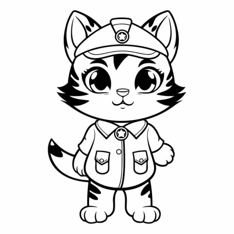 Black and White Cartoon Illustration of Cute Cat Captain Charact