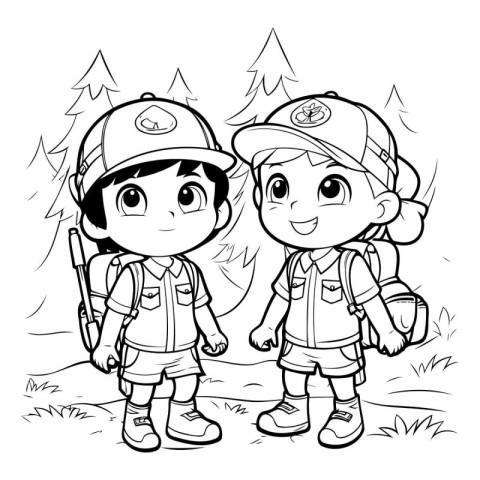 Black and White Cartoon Illustration of Boy and Girl Scout or Fi