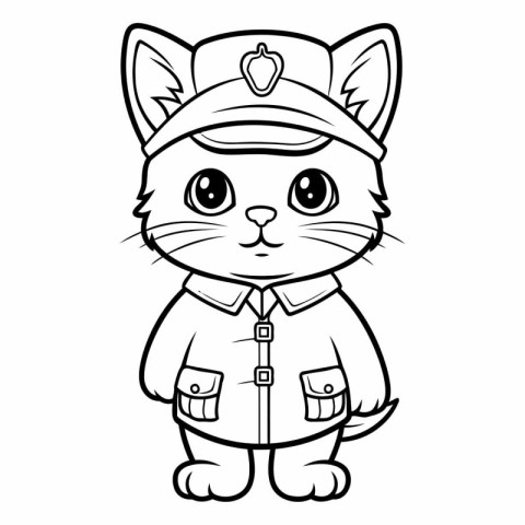 Black and White Cartoon Illustration of Cat Police Officer Chara