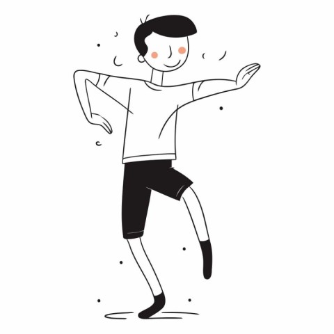 Young man dancing in doodle style on white background.