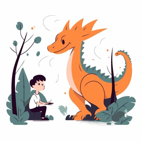 Boy with a book and a dinosaur in a flat style.