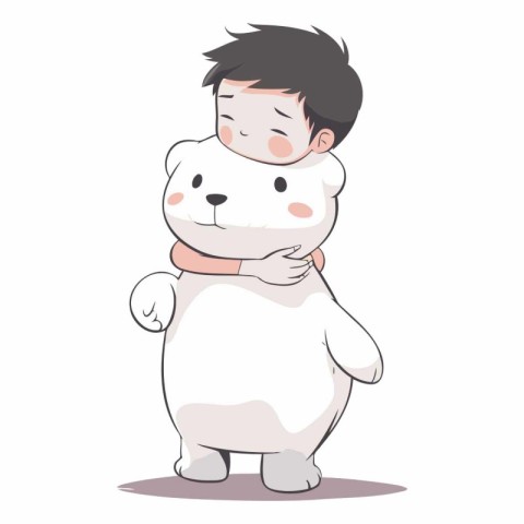 cute little boy hugging a big white polar bear