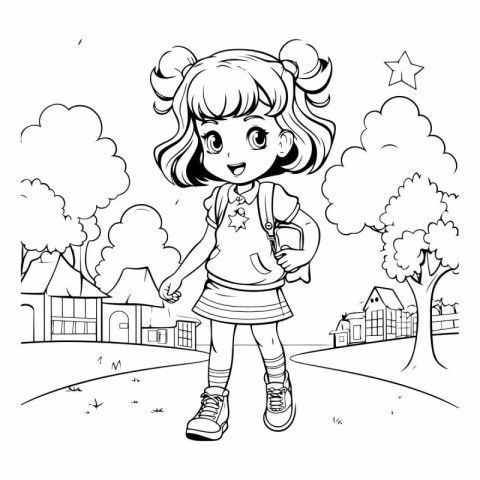 cute little girl with schoolbag in the park vector illustration