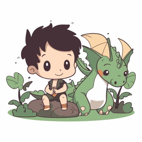 cute little boy with dinosaur in the garden vector illustration