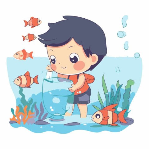 Cute boy playing with fish in the aquarium.