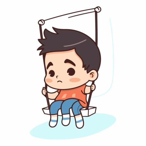 Cute boy sitting on a swing. Vector cartoon character illustrati