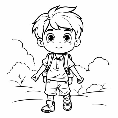 Black and White Cartoon Illustration of Cute Little Boy or Kid w