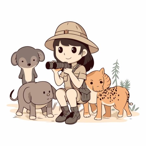 Illustration of a girl in safari clothes with a dog and a cat