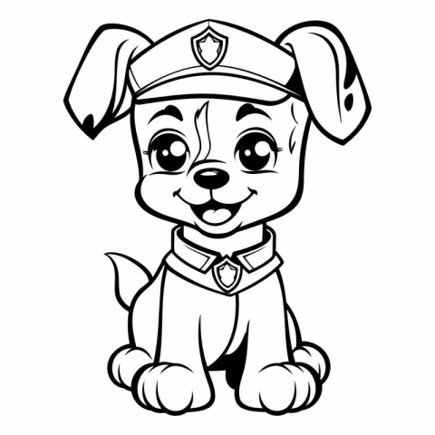 Cute Cartoon Police Dog - Black and White Vector Illustration.