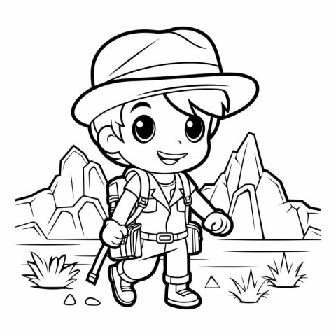 Coloring Page Outline Of a Boy Hiking or Camping