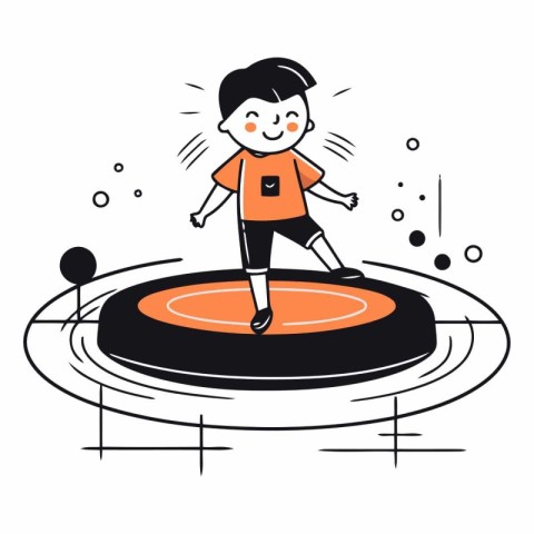 Boy running on a rubber ring in cartoon style.