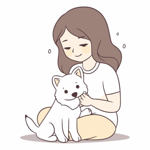 Girl playing with her dog. Cute cartoon character.