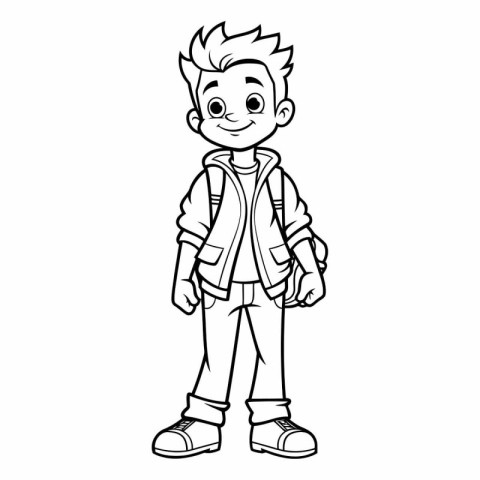 Black and White Cartoon Illustration of Cute School Boy Student