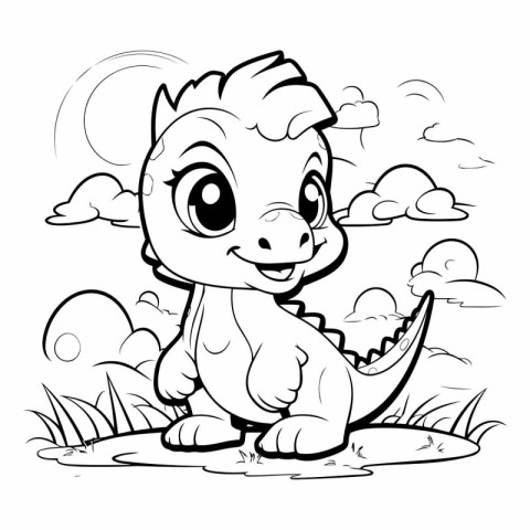 Black and White Cartoon Illustration of Cute Dinosaur Animal for