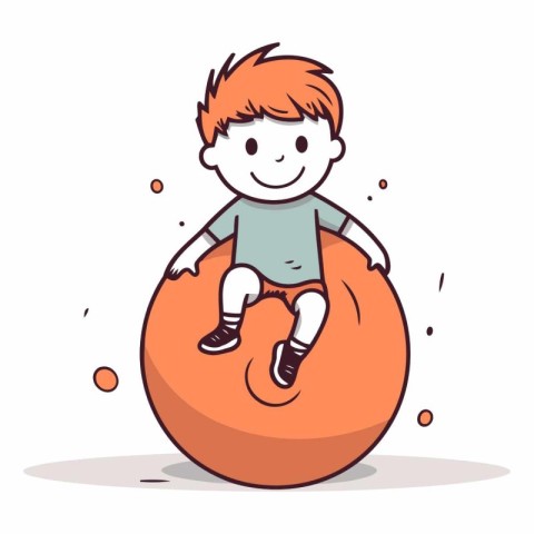 Little boy sitting on a big ball in cartoon style.