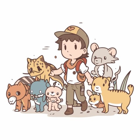 Illustration of a boy in a safari outfit with his friends