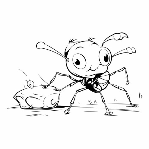 Ant carrying a piece of wood. Black and white vector illustratio