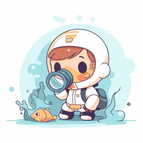 Astronaut girl with a magnifying glass and fish.