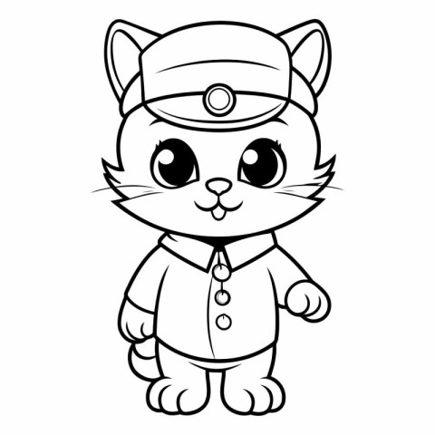 Black and White Cartoon Illustration of Cute Cat Captain Charact