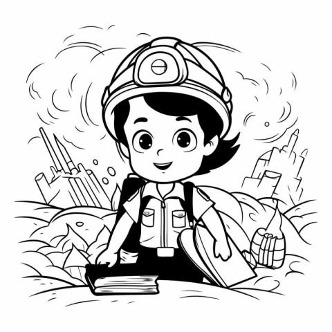 Black and White Cartoon Illustration of a Kid Boy in a Fire Depa