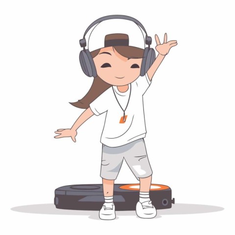 Cute little girl listening to music with headphones.