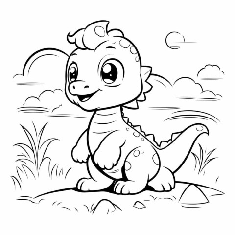 Cute little dinosaur sitting on the grass for coloring book.