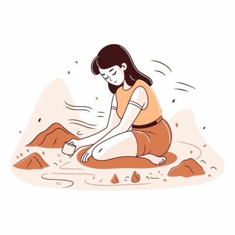 Young woman making sand dunes in flat style.