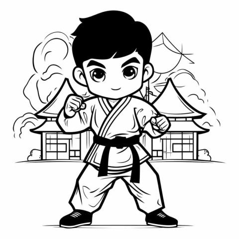 Karate Boy Cartoon Mascot Character - Black and White Vector Ill