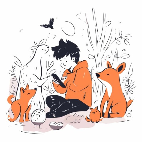 Vector illustration of a boy sitting in the grass with foxes.