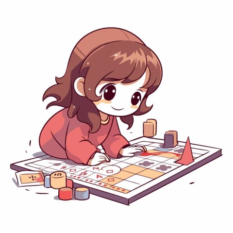 Illustration of a Little Girl Playing Board Games with Her Eyes