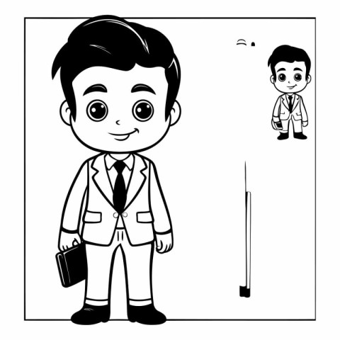 Businessman in front of the door. Black and white vector illustr