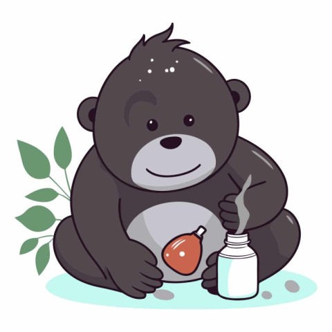 Vector illustration of a cute little black monkey with a bottle