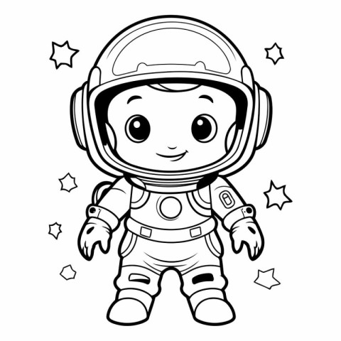 Cute astronaut boy in spacesuit. Black and white vector illustra