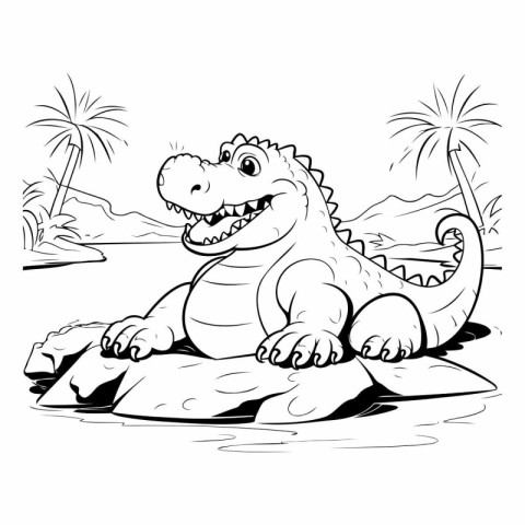 Cute crocodile cartoon on the rock for coloring book.