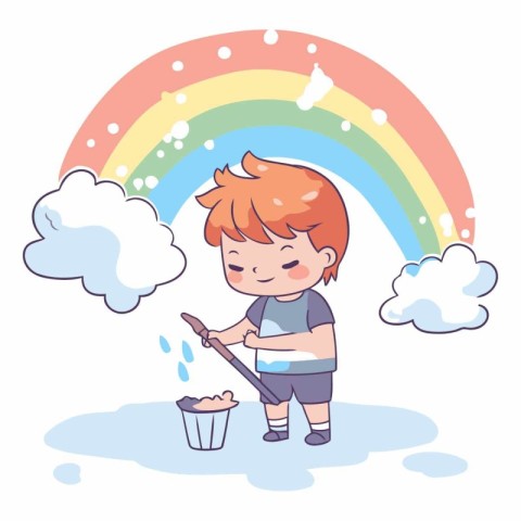 Cute little boy playing with a bucket of water