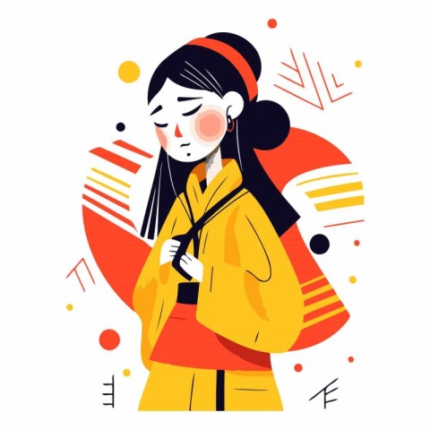 Vector illustration of a girl in a yellow raincoat with a backpa