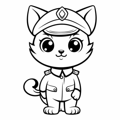 Black and White Cartoon Illustration of Cute Cat Police Animal C