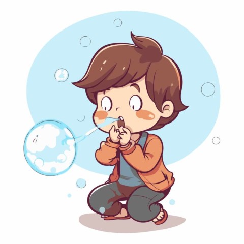 Illustration of a Cute Little Boy Playing with Soap Bubbles