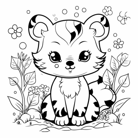 Cute tiger with flowers and leaves. coloring page for adults.