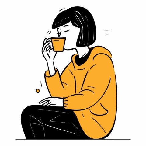 Woman drinking coffee of a girl in a yellow sweater drinking cof