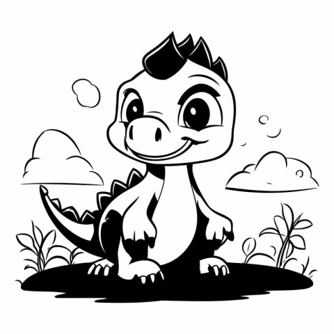 Black and white illustration of a cute dinosaur sitting in the g