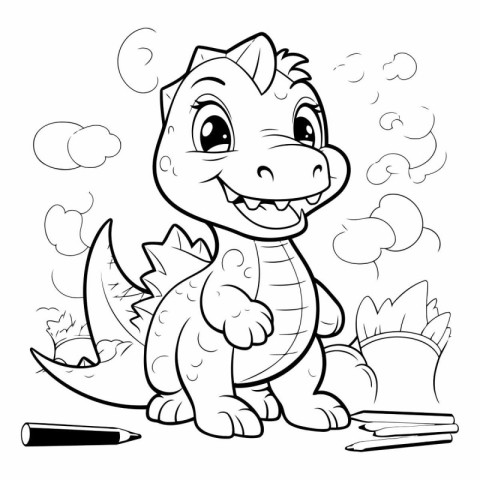 Black and white illustration of a cute little dinosaur coloring