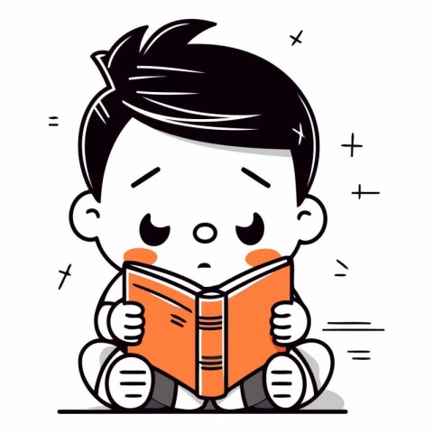 Illustration of a Cute Little Boy Reading a Book - Vector