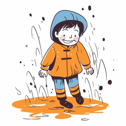 Cute little boy playing in the rain. Vector hand drawn illustrat