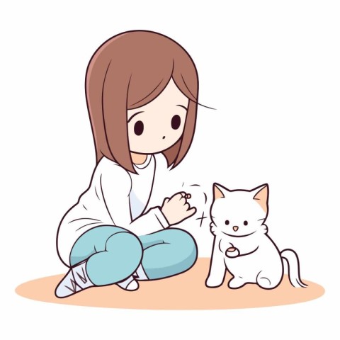 Girl and cat on white background. eps10