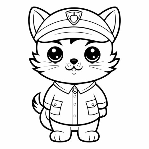 Black and White Cartoon Illustration of Cute Cat Police Characte