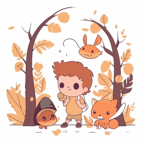 Cute little boy and squirrel in the autumn forest