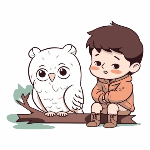 Cute boy and owl sitting on the tree.