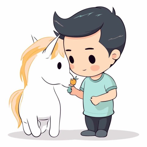 Cute little boy feeding a white horse. Vector cartoon illustrati